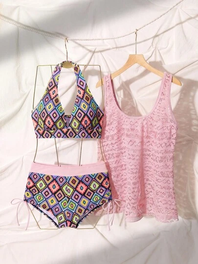 Swim Lushoire Beach Outfits For Women , Holiday, New Year, - Deep V Coconut Tree Print Shorts Paired With Hollow Out Knit Cover-Up & Spaghetti Strap Crop Top Bikini 3-Piece Set