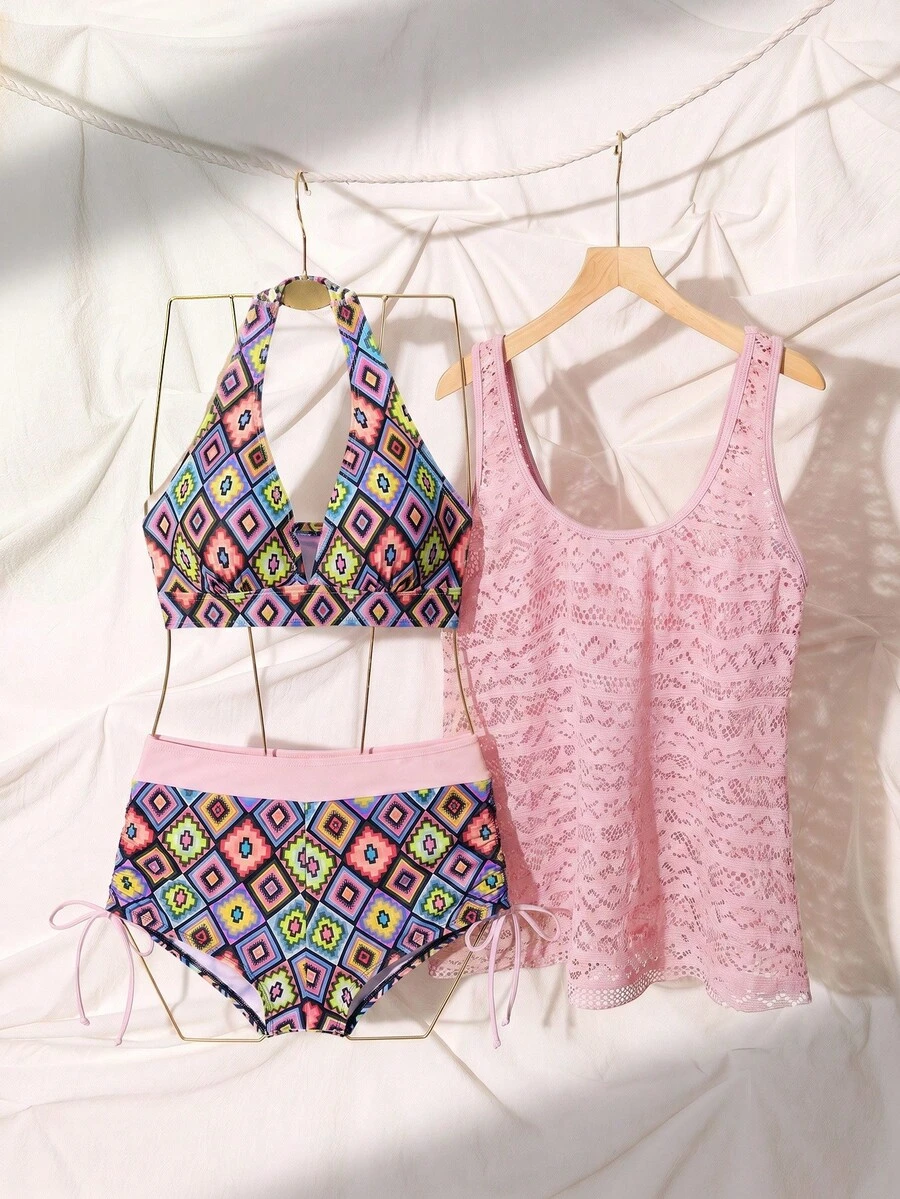 SHEIN Swim 女士沙滩装,假日,新年 - 深V椰树印花短裤搭配镂空针织罩衫和吊带露脐比基尼三件套 - 彩色 - 查看 1