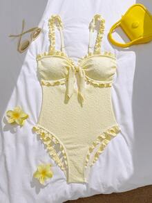 Swim Mod New One-Piece Swimsuit, Sexy & Cute Textured Fabric Bandeau Swimwear, Suitable For Beach & Holiday, Spring/Summer - Mustard Yellow - View 6
