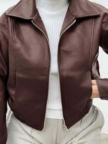 NegzBox Chaqueta de mujer de manga larga con solapa de unicolor y PU, chaqueta de cuero de otoño - Rojo - Ver 3