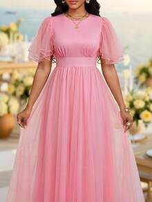 SHEIN Lady Vestido feminino elegante de verão, cor sólida, gola redonda, cintura marcada e comprimento midi. - Rosa Empoeirado - Ver 3