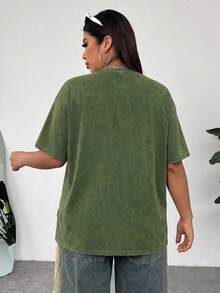 Solflare Kaos Lengan Pendek Longgar Rajut Vintage dengan Tampilan Cuci Asam Ukuran Besar, Hijau Zaitun - Dark Green - View 2