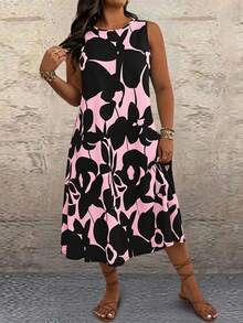 EMERY ROSE Plus Size Floral Print Round Neck Sleeveless Summer Dress - Pink - View 3
