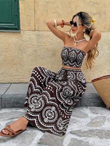 SHEIN Frenchy Women's Retro Contrast Color Fitted Tube Top And Loose Pants 2 Pieces Set - Brown - View 3