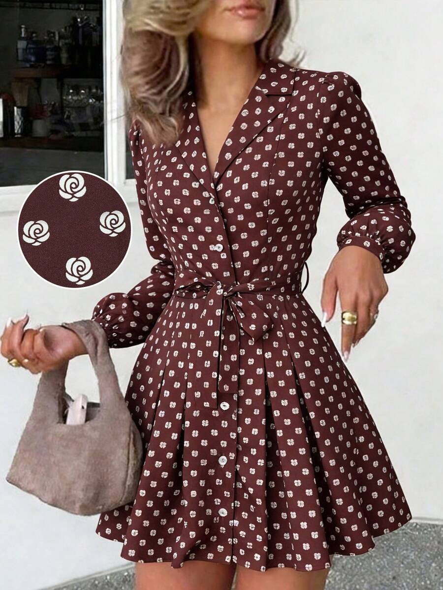 SHEIN PariChic Đầm dài tay màu cà phê thanh lịch dành cho nữ, họa tiết hoa hồng lãng mạn phủ khắp thân đầm, có thắt lưng nơ, hàng cúc phía trước và thiết kế thời trang, phù hợp cho mùa thu/đông, xuân/hè, kỳ nghỉ, hẹn hò ngày Valentine, sinh nhật, dáng chữ A và kiểu đầm ngắn tay phồng dễ thương, lãng mạn. - Cà phê - Xem 1