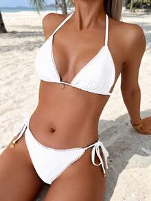 Swim Vcay Bộ bikini tam giác viền ren gợi cảm tối giản 2 món dành cho nữ kèm dây buộc cổ yếm - trắng - Xem 1