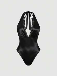 Sweetra Summer Stylish New Lace Patchwork Sweet Sexy Knitted Backless Slim Fit Black Bodysuit, Elegant For Commuting Night Out - Black - View 1