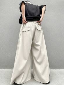 Manfinity Hypemode Pantalones casuales de pierna ancha de unicolor y minimalistas para hombres - Beis - Ver 2