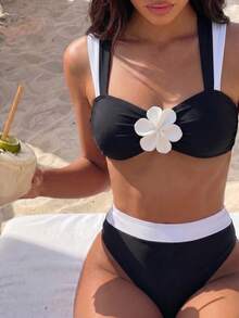 Bonvoyette 針織花卉3D比基尼套裝，性感海灘泳池派對裝扮，適合度假、新年、聖誕節、夏季穿著，優雅夏季女款比基尼泳衣 - 黑色 - 查看 6