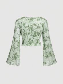 SHEIN MOD 大码女式印花系带腰部喇叭袖上衣和半裙休闲套装 - 綠色 - 查看 8