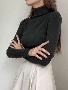 DAZY Ribbed Knit Turtleneck Jumper - Black - View 5