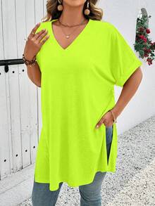 EMERY ROSE Camiseta de cuello en V minimalista de unicolor talla grande, para uso diario - Amarillo - Ver 1