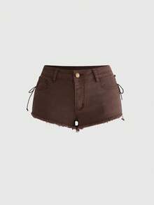 ROMWE Y2K Sexy Denim-Shorts für Damen mit Schnürung, ausgefranstem Saum und Cut-out-Rücken - Kaffeebraun - Übersicht 3
