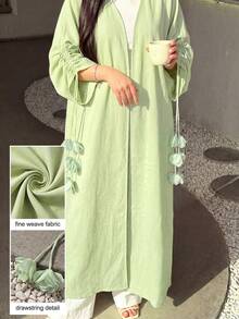 Yasmyna Mint Green Pleated 3/4 Sleeve Floral Decor Women's Abaya - Green - View 8