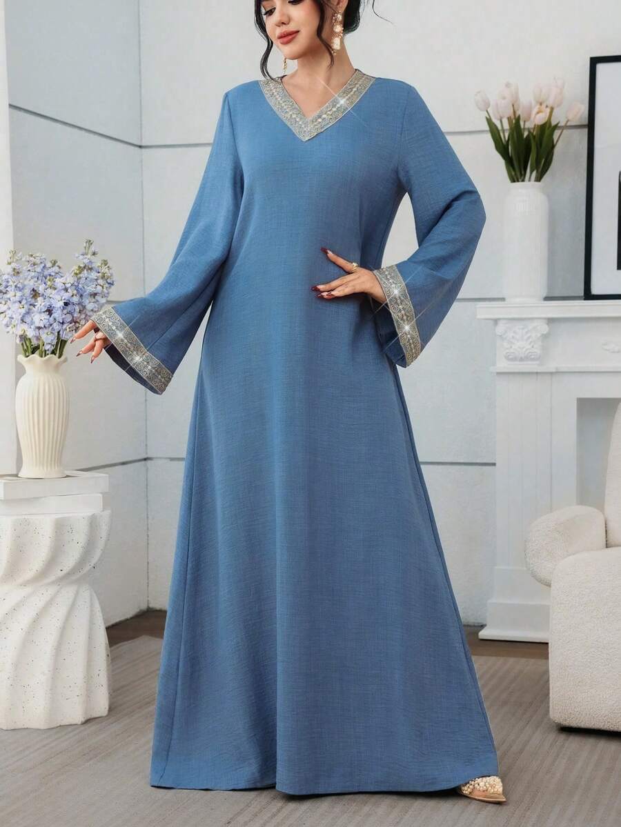 Al Najma Vestido elegante de manga larga, cuello en V, suelto y de unicolor con decoración de cinta para uso diario - Azul - Ver 1