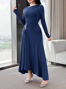 Modelyn 女士纯色金属装饰长袖褶皱优雅中长连衣裙 - 藏蓝色 - 查看 5
