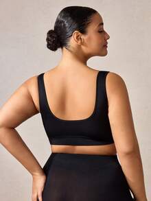 Veilyse 1 pieza Sujetador deportivo sin costuras de doble capa y unicolor para mujer de talla grande, ropa interior de yoga y fitness cómoda y inalámbrica (con almohadillas no fijas desmontables) - Negro - Ver 2