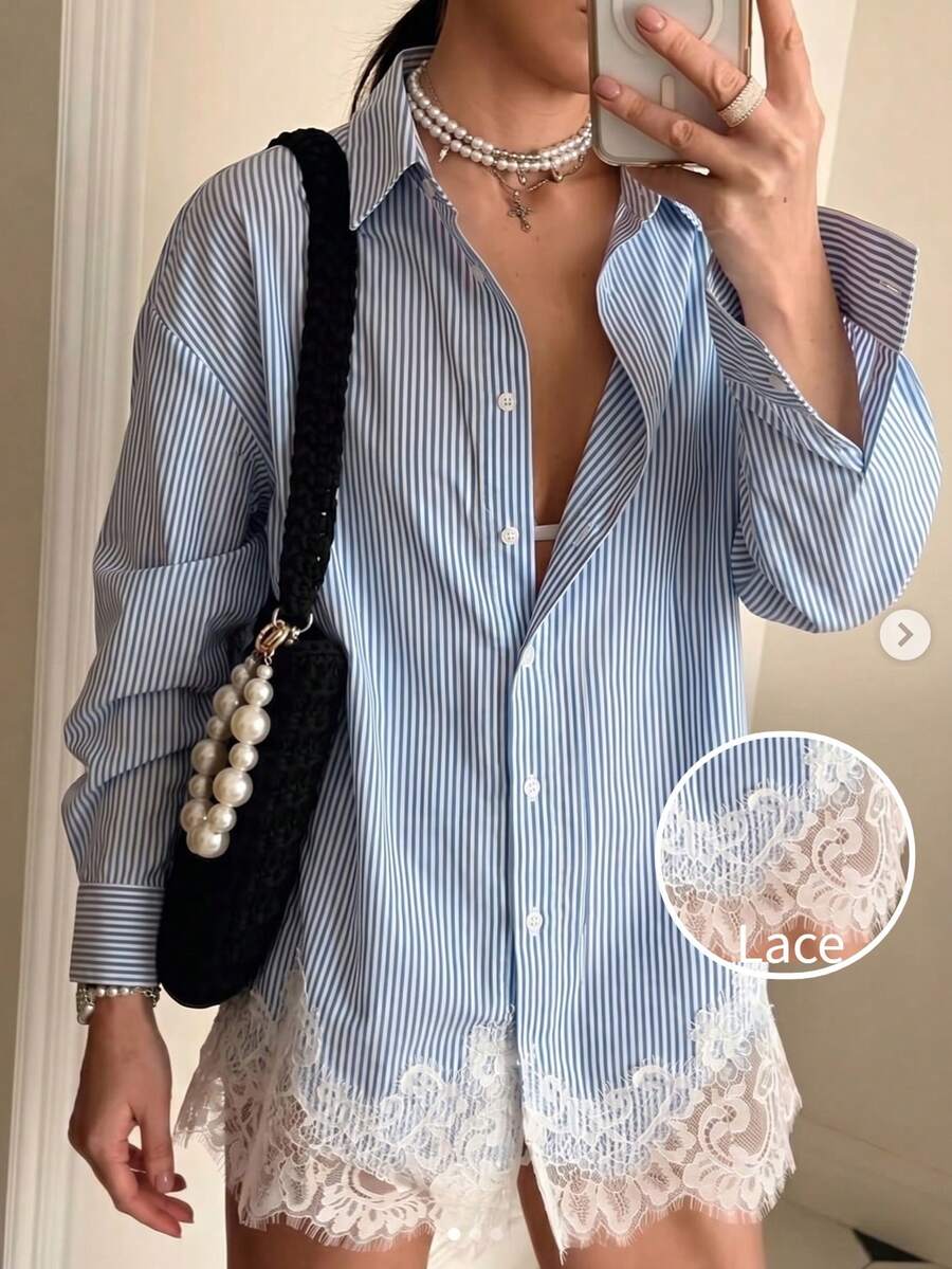 Firerie Áo sơ mi ren kẻ sọc xanh trắng thanh lịch dành cho nữ, thích hợp mặc hàng ngày hoặc đi nghỉ mát / Áo sơ mi ren ghép mảnh / Áo sơ mi ren kẻ sọc xanh trắng - Xanh và trắng - Xem 1