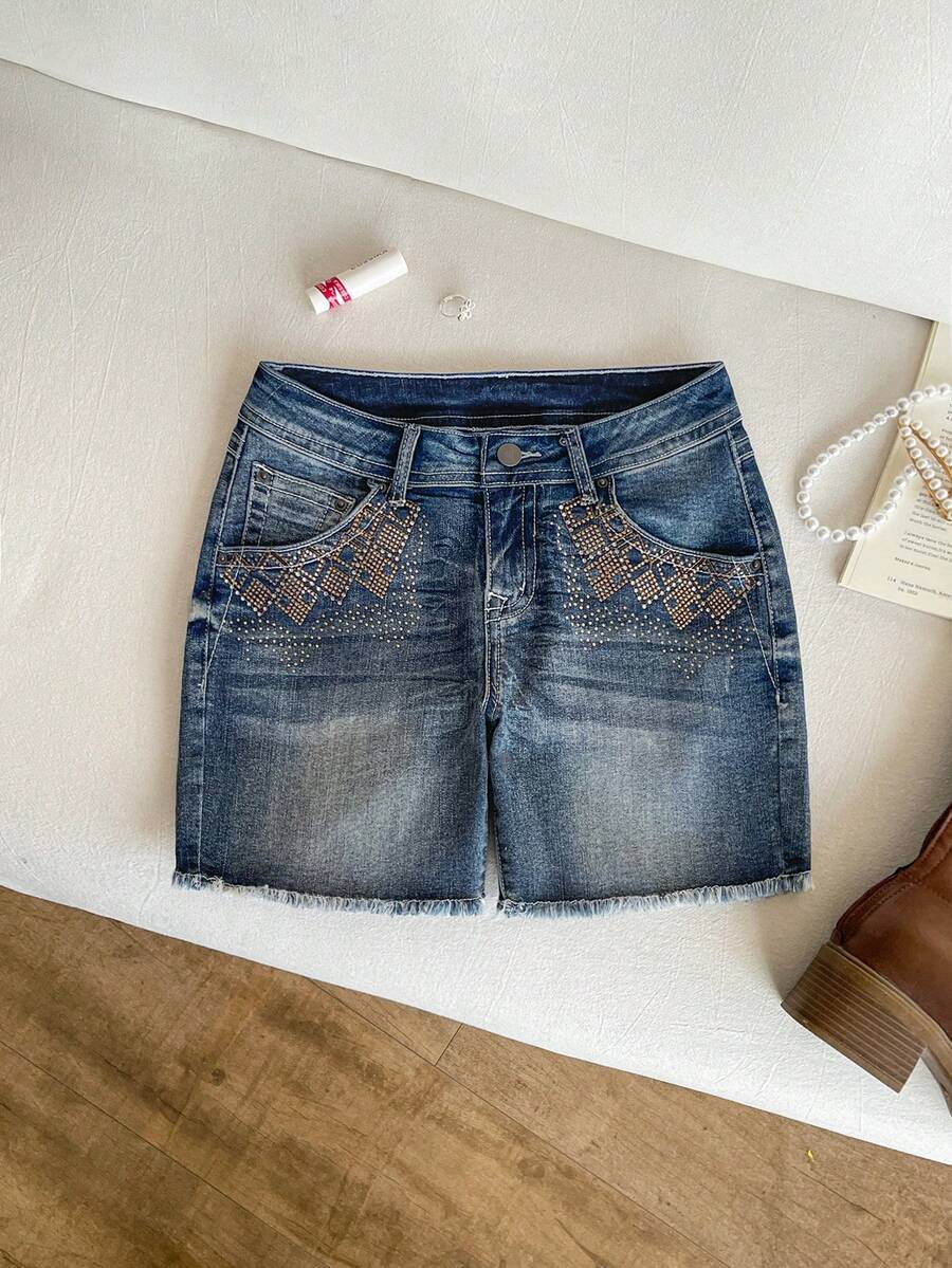 SHEIN Quần short denim nữ mùa hè phong cách thời trang dạo phố chic thường ngày đi làm cạp thấp đính đá giặt mài - Màu xanh lam - Xem 1