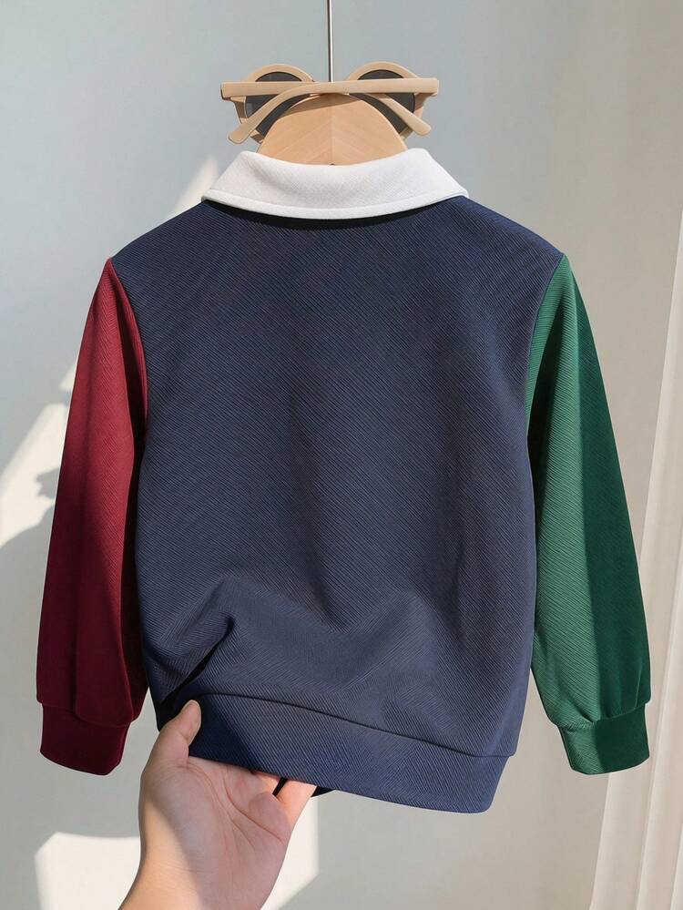 Young Boy Color Block Polo Shirt With Letter Print, Collared Long Sleeve, Casual Sporty Suitable For Spring/Autumn School And Outdoor Occasions