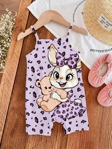 [RANDOM 4 PCS SEND 1 PC] Baby Girls Pink Summer Cute Family Matching Retro Leopard Bow Cartoon Rabbit Graphic Suspender Romper,Korean Style Outfit - Multicolor - View 4