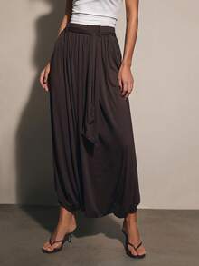 COSMINA Damen einfarbige Hose mit Twist-Taille, weites Bein, locker geschnitten, Laternenbein - Braun - Übersicht 4