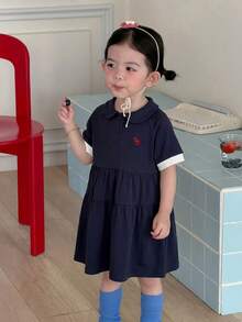 DAZY 女嬰圓領休閒寬鬆拼色條紋洋裝 夏季幼兒 - 藍色 - 查看 6