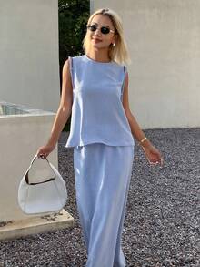 Livesso Spring Summer Aqua Blue Round Neck Sleeveless Solid Color Top Casual Minimalist Long Skirt Women's Two Pieces Set Vacation - Blue - View 6