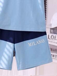 Conjunto de camiseta de manga corta con cuello redondo y estampado de letras de color contrastante, y pantalones cortos para niño preadolescente - Multicolor - Ver 6