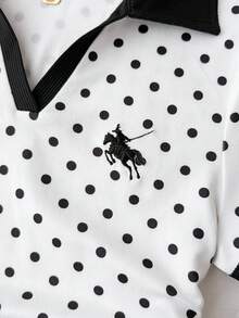 SHEIN 青少年女孩黑白波點對比黑膠帶裝飾休閒POLO V領修身側邊抓皺短袖短版T恤馬印花條紋袖POLO衫羅紋針織領口T恤兒童上衣 - 白色 - 查看 5