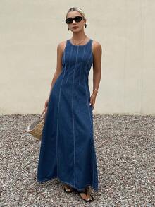 Livesso Đầm denim nữ màu xanh nhạt cổ điển, phối eo, phong cách tối giản, thanh lịch, thích hợp cho kỳ nghỉ, đi biển hoặc đi làm, dáng suông, mùa xuân và hè. - Rửa tối - Xem 3