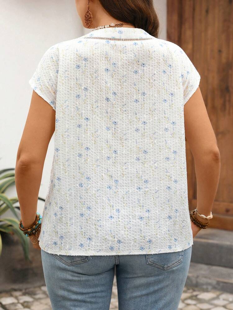 Plus Size Women Summer Casual Vacation Embroidered Floral Print Blouse