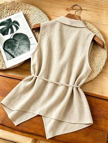 SHEIN Franclia Women's Peach Summer Minimalist Work Office Tank Top,Asymmetric Design Linen Tie Waist Sleeveless Front Wrap Blouse,Elegant Holiday Vacation Shirt - Apricot - View 2