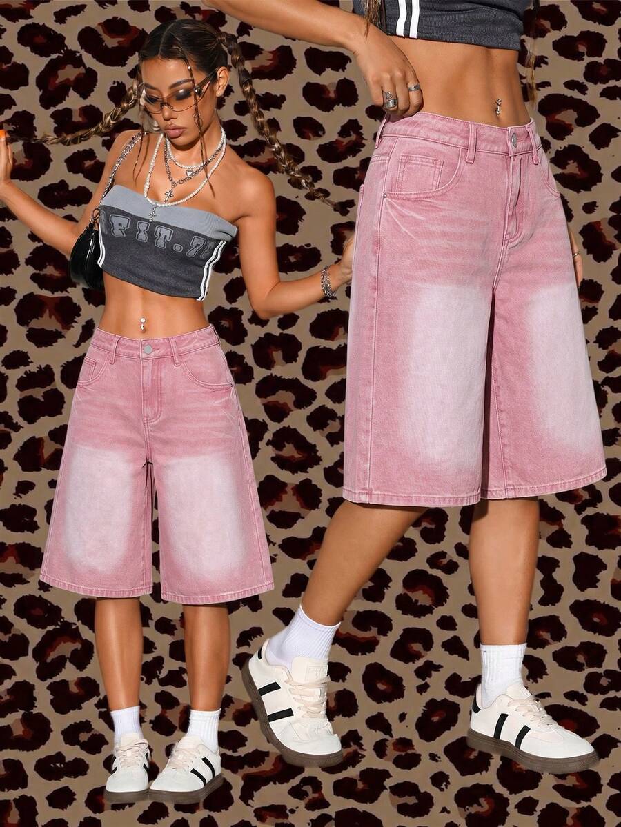 SHEIN ICON 女款粉色時尚牛仔短褲 - 粉色 - 查看 1