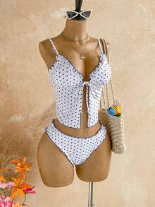 Soleia Bộ bikini tankini buộc dây phía trước, họa tiết chấm bi, dành cho nữ. - Đen và trắng - Xem 5