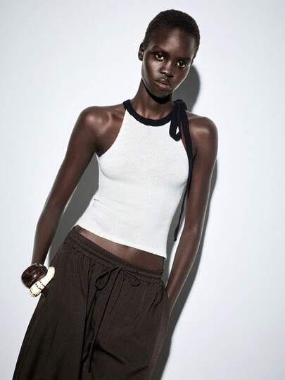 SHEIN Luminelle Color Block Camisole Tie-Up Knit Top, Suitable For Autumn & Summer