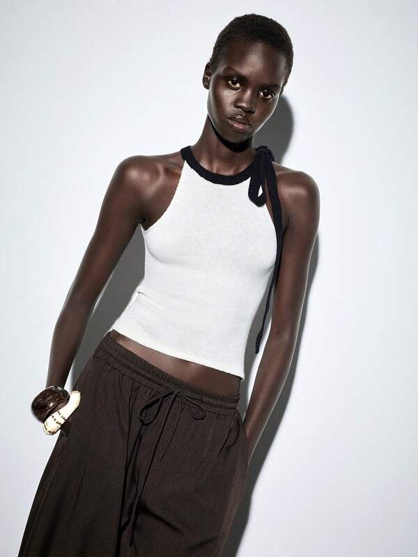 SHEIN Luminelle Color Block Camisole Tie-Up Knit Top, Suitable For Autumn & Summer