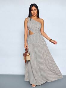 SOLERSUN Abito lungo da donna in stile casual da vacanza in lino a righe con spalle scoperte e dettagli traforati, estetica vintage - Albicocca - Visualizzare 3