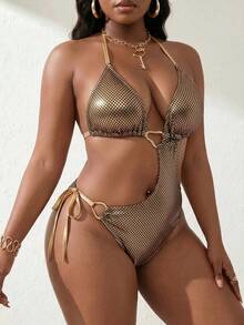 Slaydiva 2026 New Women's Spring/Summer Halter Metallic Sexy Plus Size One-Piece Swimsuit For Beach Gym - Gold - View 4