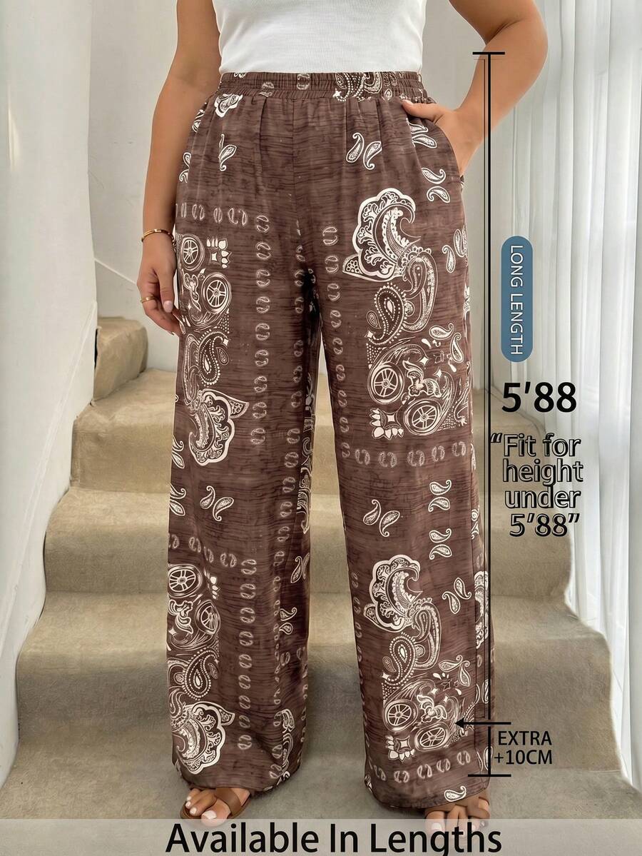 SHEIN Tall CURVE 大码女式印花长款直筒裤,适合度假、休闲假日、音乐节、日常休闲穿着,春夏度假/波西米亚风/性感波西米亚阔腿裤,女士阔腿裤,春季女装,波西米亚风长裤,复活节海滩装扮,女士度假服 - 彩色 - 查看 1