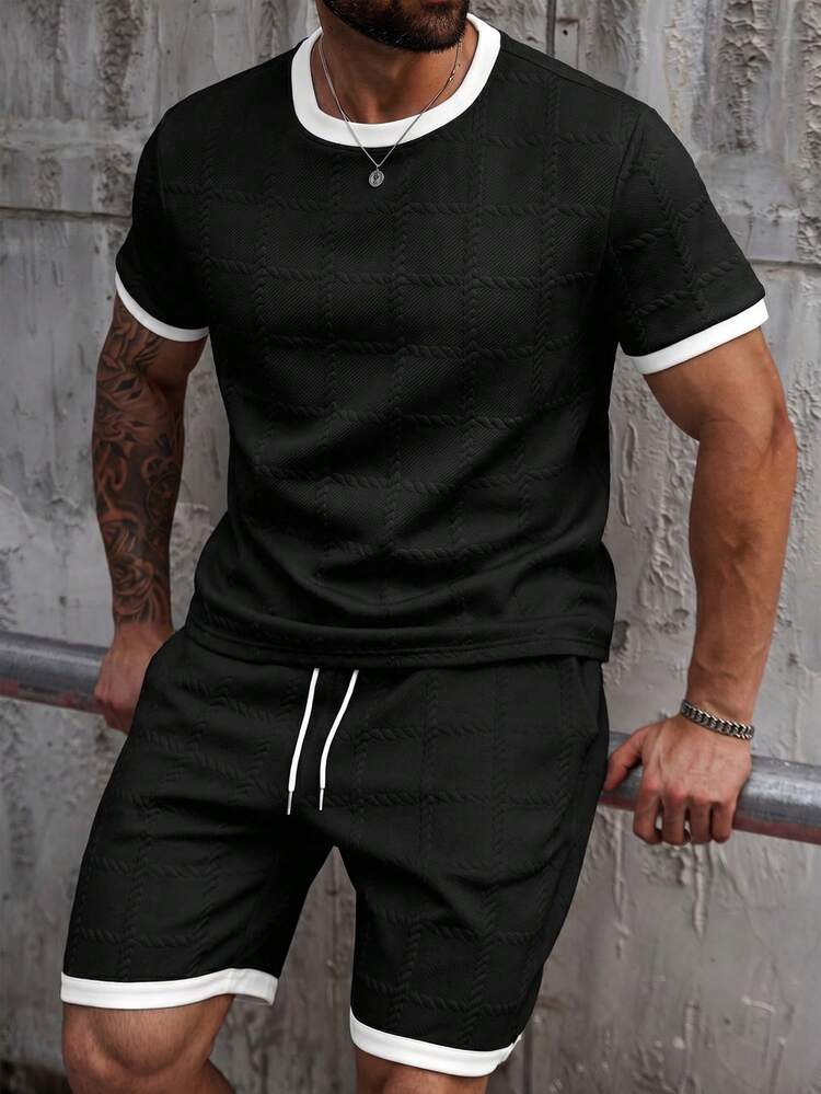 Manfinity Homme Plus Size White Textured Knit T-Shirt Set, The Pants Cuffs And Hem Are Accented In Black To Complement The Overall Design - Black - View 3