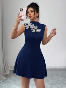 Elenzga 女式优雅 3D 花卉装饰夏季短款休闲连衣裙 - 藏蓝色 - 查看 5
