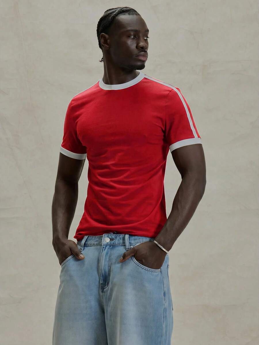 Musero Camiseta básica de manga corta, cuello redondo y puños de manga con detalles de contraste, ajuste ceñido y estilo liso para primavera y verano - Rojo - Ver 1