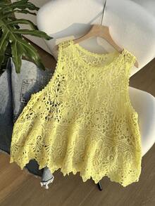 SHEIN EZwear 大码女式夏季沙滩度假休闲镂空针织背心 - 鵝黃色 - 查看 3