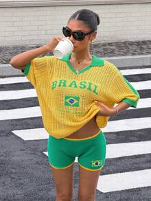 Muchica Áo len dệt kim khoét lỗ in chữ Brazil phối màu tương phản - Màu vàng - Xem 3