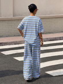 Muchica Conjunto de 2 piezas de top de cuello redondo con estampado de rayas azules y pantalones holgados de talla grande - Azul - Ver 3