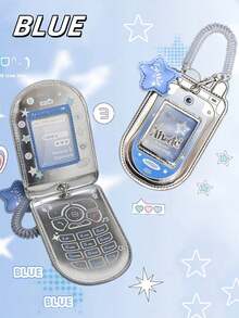 Silver Y2K Retro Flip Phone Card Holder, PU Leather Dual SIM ID Card Organizer, Mini Wallet Pouch With Keychain Cute Fashion Accessories - Multicolor - View 6