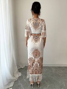 Rafferiza Round Neck Side Slit Hem Print Long Dress For Women - White - View 2