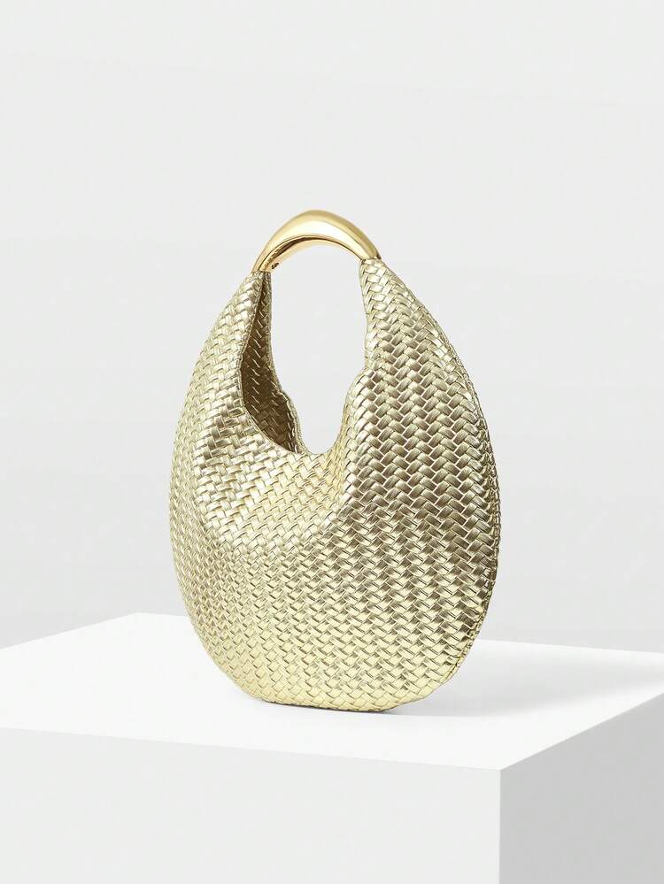 WOMEN'S FASHION SHINY GOLD WOVEN HANDBAG, EXQUISITE HARDWARE HANDLE, SIMPLE VACATION ROUND BAG, SUITABLE FOR DAILY, COMMUTING, SUMMER VACATION, TRAVEL, PARTIES, WEDDINGS, DRESS MATCHING