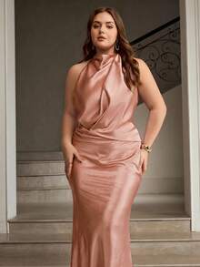 ZEYLAH Satin Halter Elegant Mermaid Dress - Pink - View 4